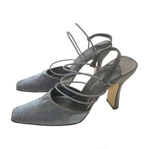 Vintage Mister Loren's Shiny Silver Pewter Fabric Square Toe Strappy Heels 8
